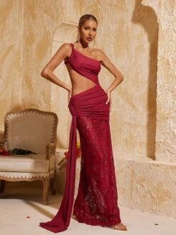 Phelia Cutout Lace Draped Maxi Dress In Wine