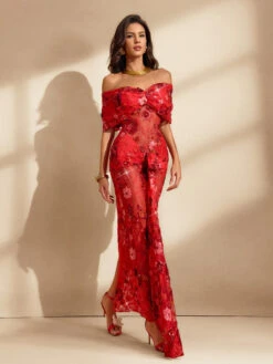 Qaelyara Off Shoulder Floral Sequin Maxi Dress