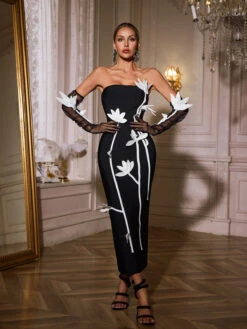 Qaelyra Strapless Flower Midi Dress With Gloves