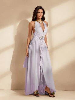 Qexelle Halterneck Ruffle Maxi Dress In Lilac