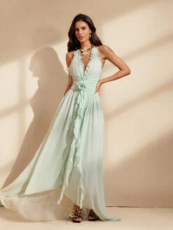 Qexelle Halterneck Ruffle Maxi Dress In Mint