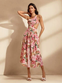 Qexis Floral Printed Cutout Midi Dress