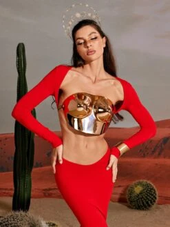 Quill Halterneck Armor Top In Rose Gold