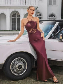 Quivara Halterneck Trimmed Satin Maxi Dress