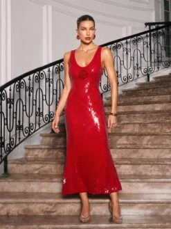 Radana Plunge Neck Flower Sequin Dress In Red