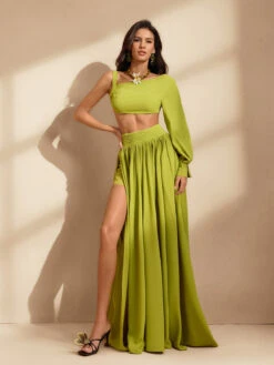 Raeltric One Shoulder Split Skirt Set