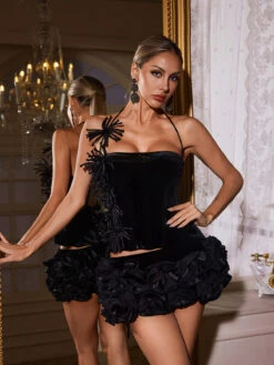 Ramla Flower Velvet Ruched Skirt Set