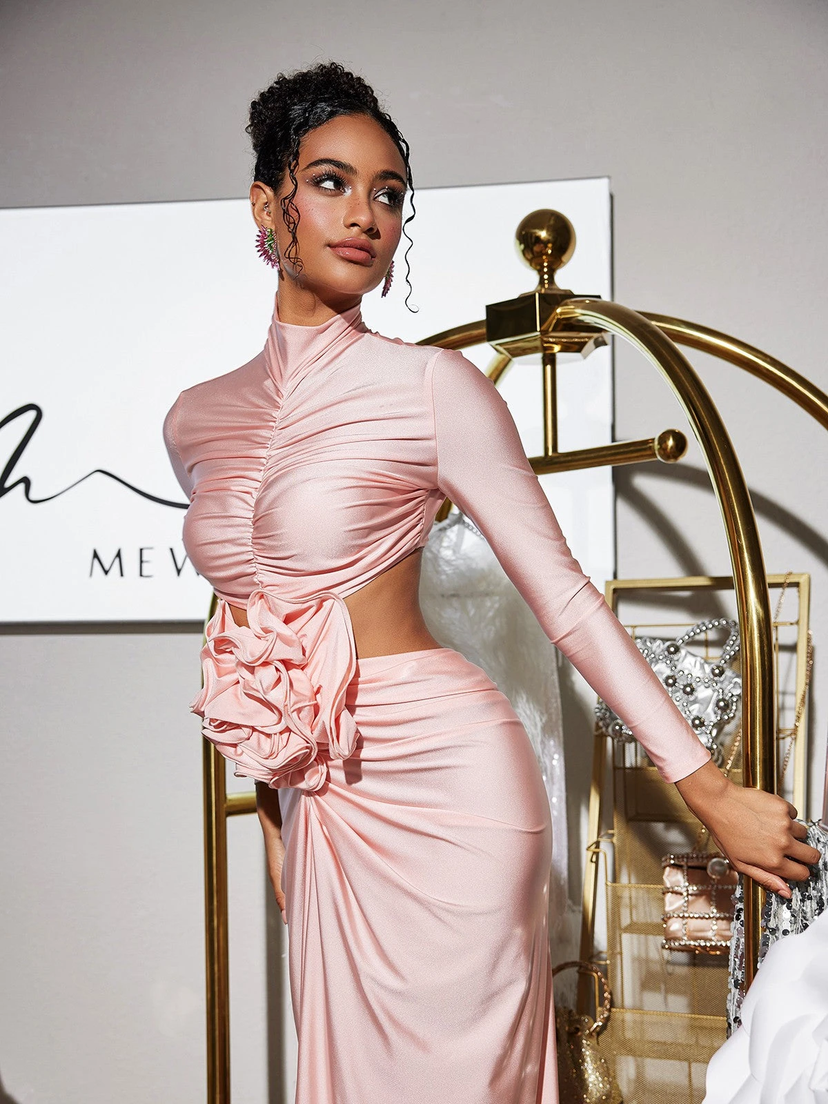 Renwick Long Sleeve Flower Cutout Maxi Dress In Pink - Image 3