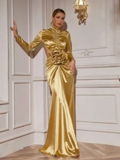 Renwick Long Sleeve Flower Cutout Maxi Dress In Gold