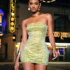 Ridley Rhinestone Mesh Mini Dress In Green