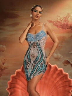 Roswitha Spaghetti Rhinestone Mini Dress In Blue