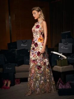 Saige Sleeveless Mesh Flower Maxi Dress In Blush