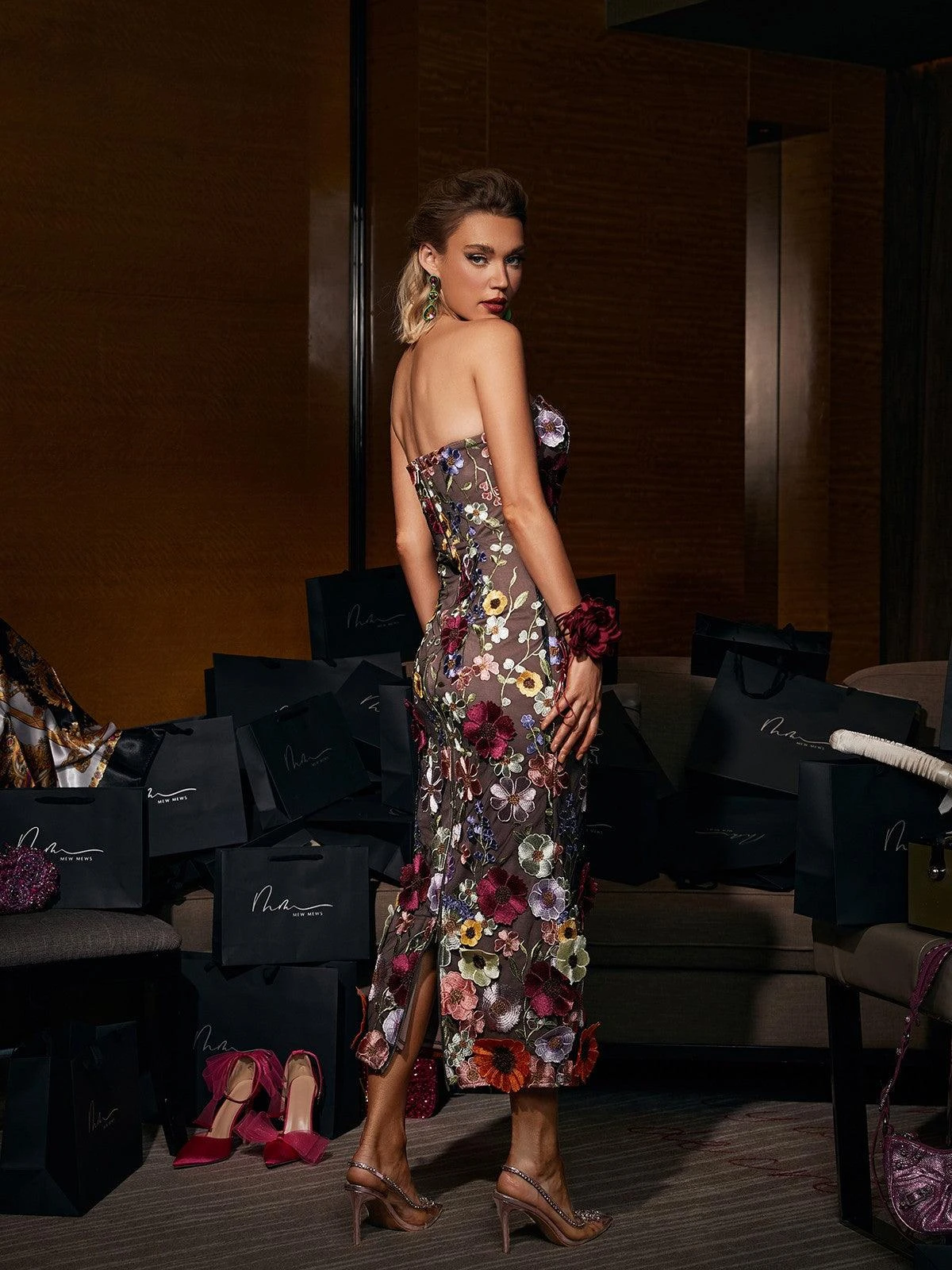 Saige Strapless Mesh Flower Midi Dress In Black - Image 6