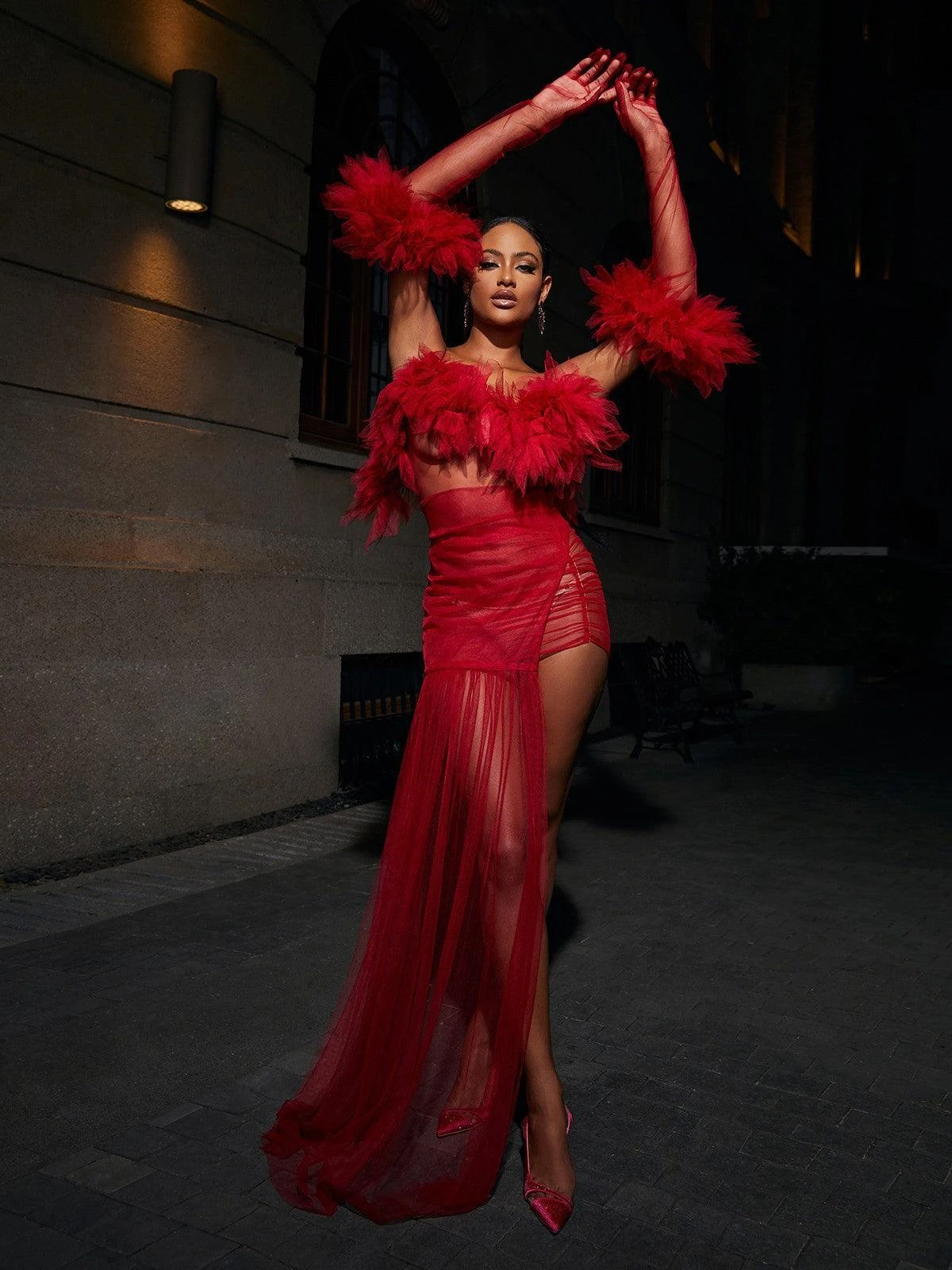 Satine Spaghetti Tulle Maxi Dress With Gloves - Image 2