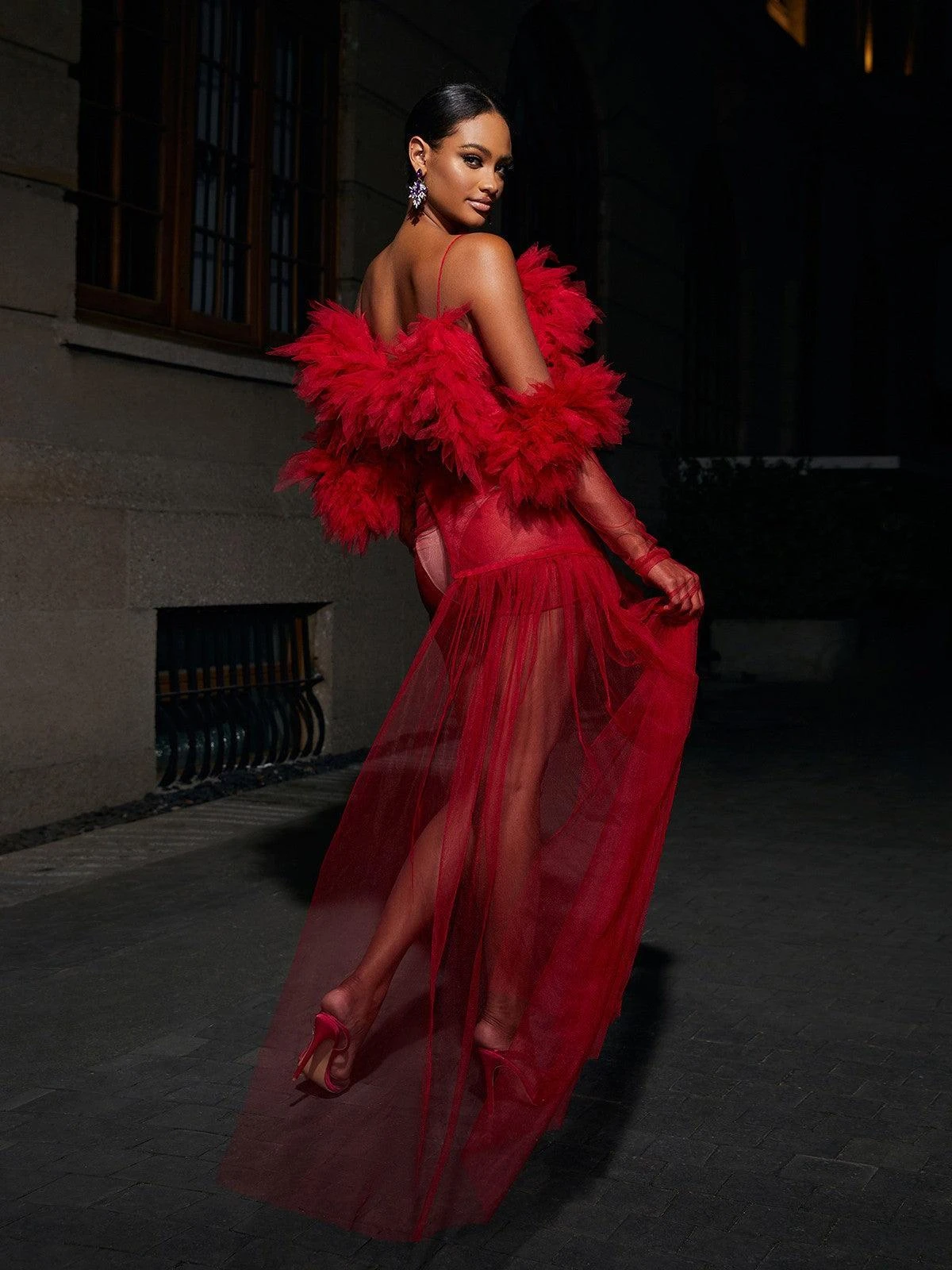 Satine Spaghetti Tulle Maxi Dress With Gloves - Image 6