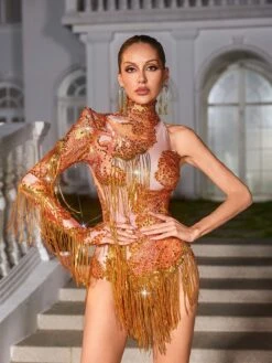 Shatora One Shoulder Rhinestone Fringe Bodysuit In Orange