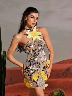 Starla Flower Acrylic Embellished Mini Dress