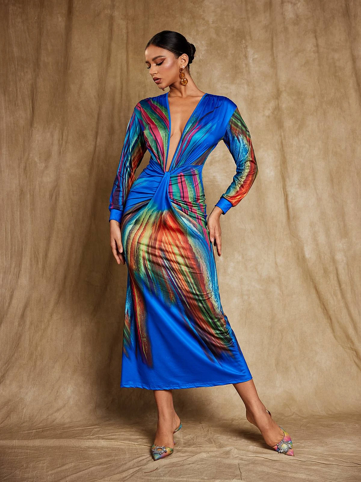 Suzanne V Neck Printed Satin Midi Dress - Image 2