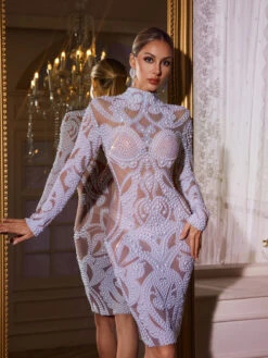 Taeltrix Long Sleeve Pearl Mesh Mini Dress
