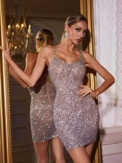 Taelyara Spaghetti Rhinestone Mini Dress