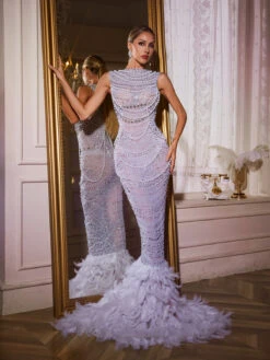 Taelyth Pearl Chain Feather Maxi Dress