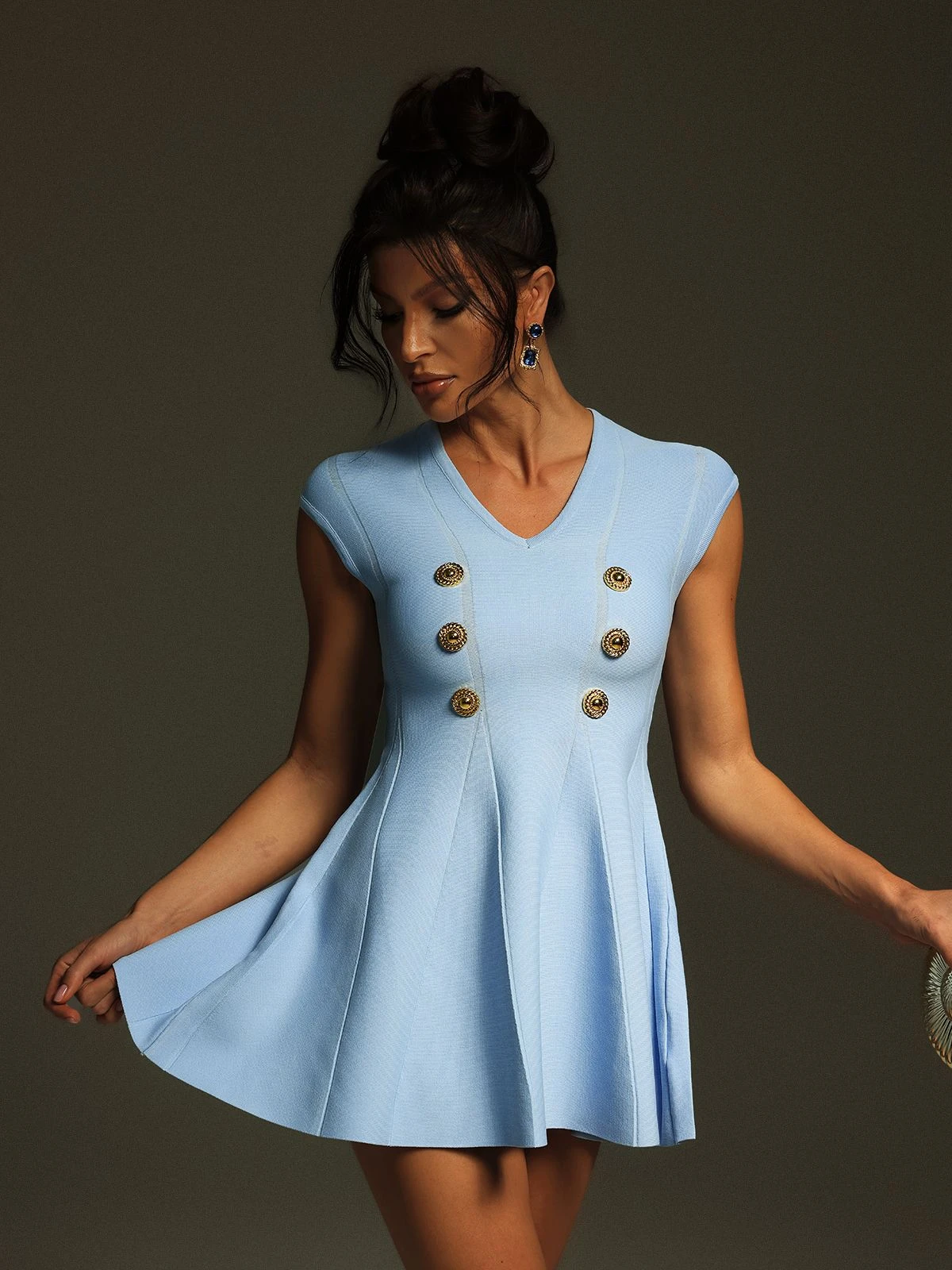 Tameron V Neck Button Knitted Mini Dress In Blue - Image 2