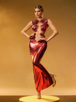 Taralynn Ruffle Ruched Metallic Skirt Set In Red