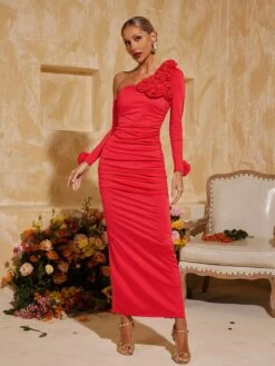 Taylin One Shoulder Flower Ruched Midi Dress