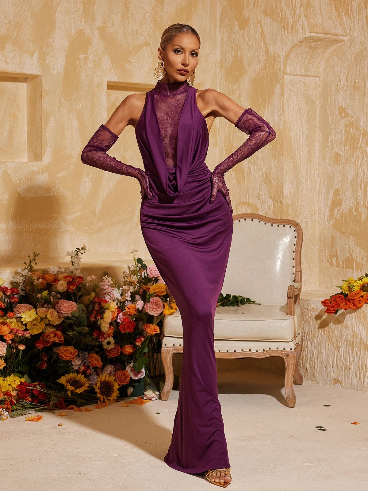 Tenley Halterneck Lace Maxi Dress With Gloves - Image 3