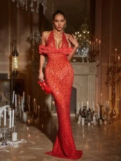 Terance Halterneck Flower Rhinestone Maxi Dress In Red