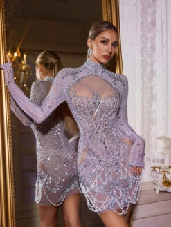 Texor Long Sleeve Embellished Mini Dress