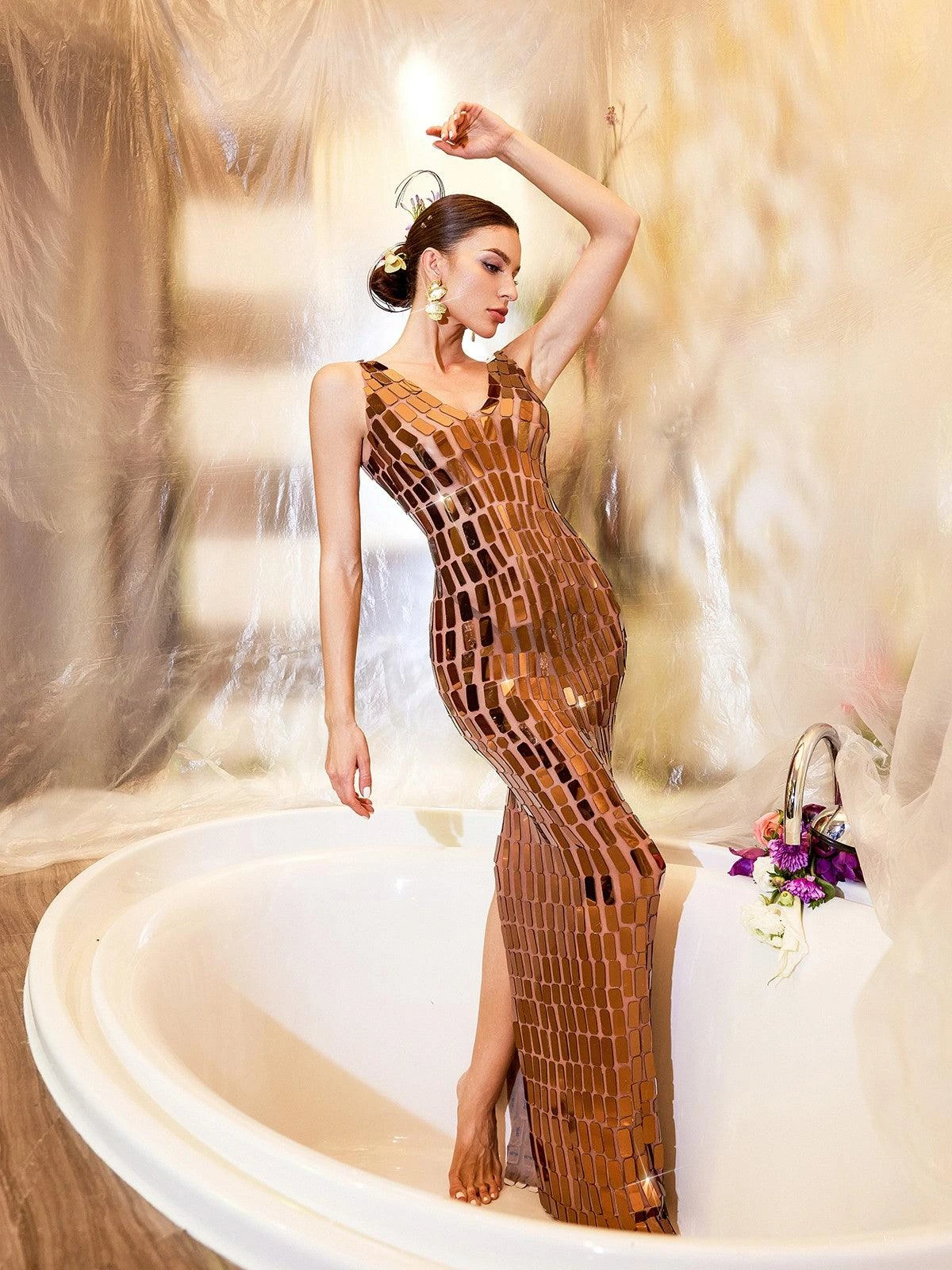 Thiago V Neck Acrylic Mesh Maxi Dress - Image 3