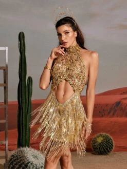 Tobin Sequin Fringe Metallic Dress In Gold