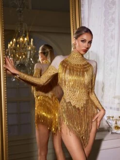 Tyxan High Neck Fringe Rhinestone Bodysuit