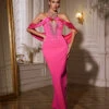 Uaelyth Halterneck Rhinestone Bandage Maxi Dress In Pink