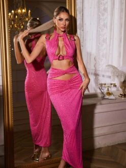 Uexelle Halterneck Rhinestone Cutout Midi Dress