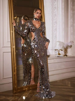 Uliana Acrylic Embellished Cutout Maxi Dress In Sliver