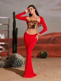 Vernon Long Sleeve Cutout Maxi Dress In Red