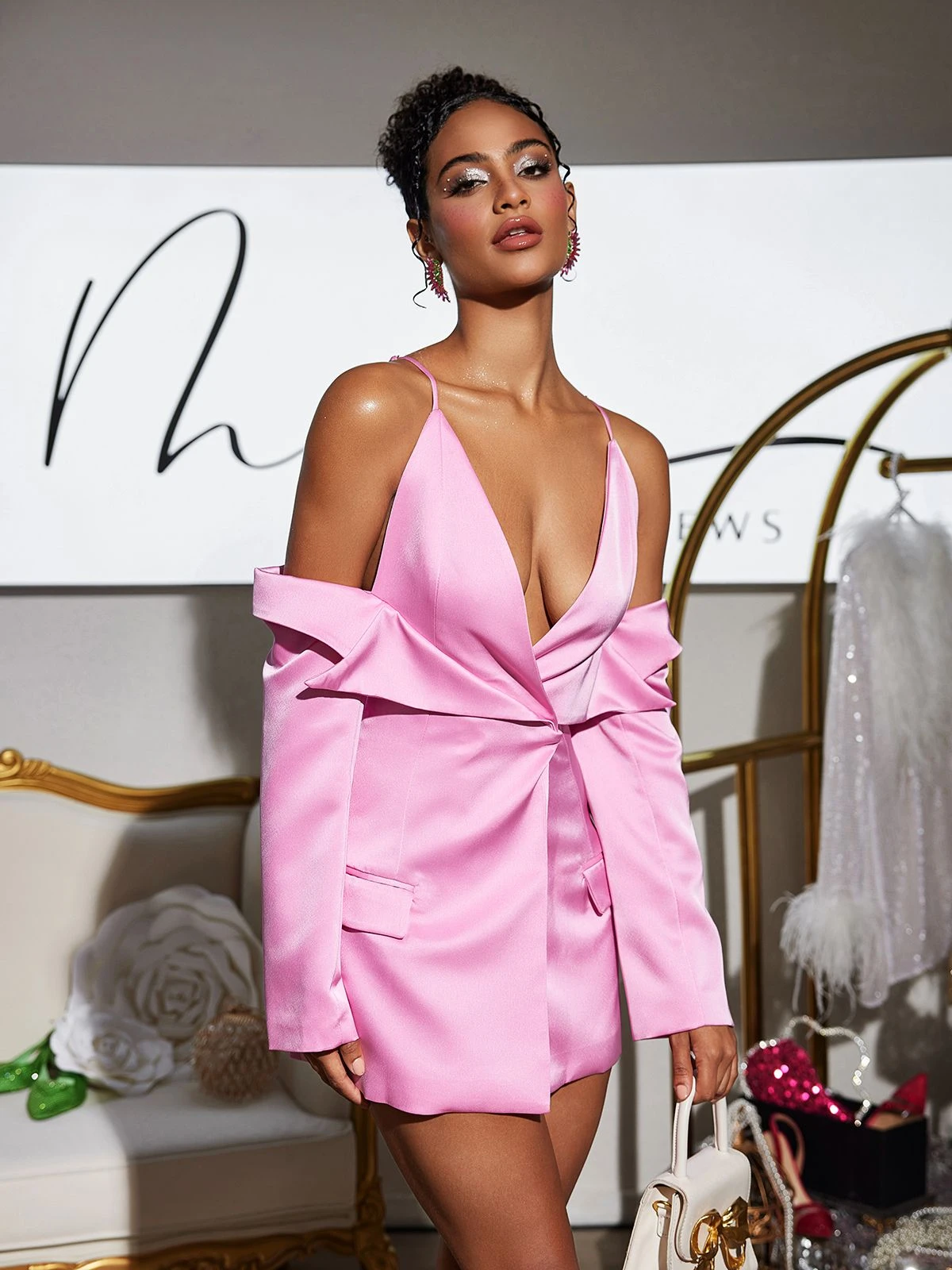 Vila Plunge Draped Satin Blazer - Image 4