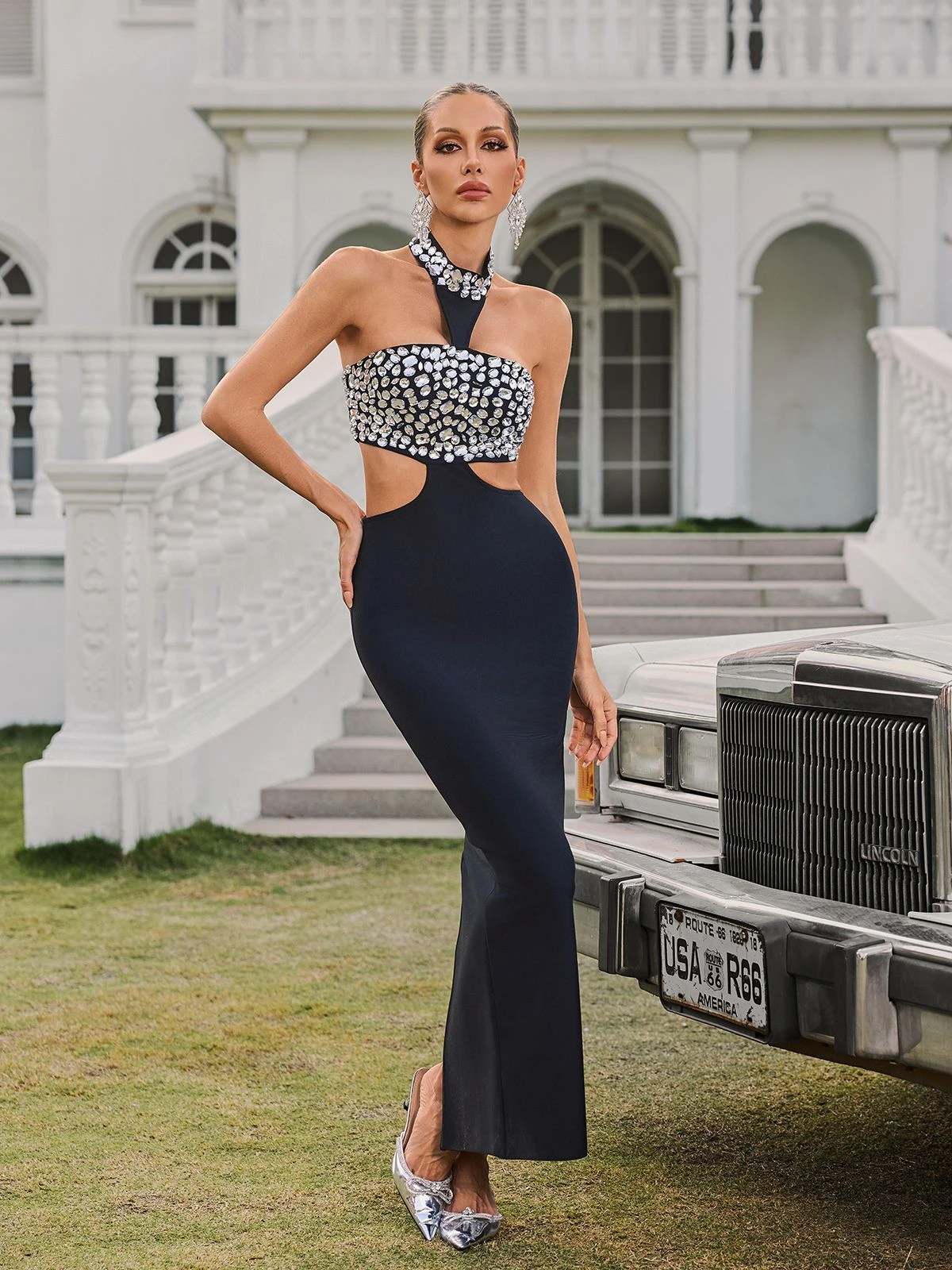 Vyxaria Halterneck Cutout Crystal Bandage Midi Dress