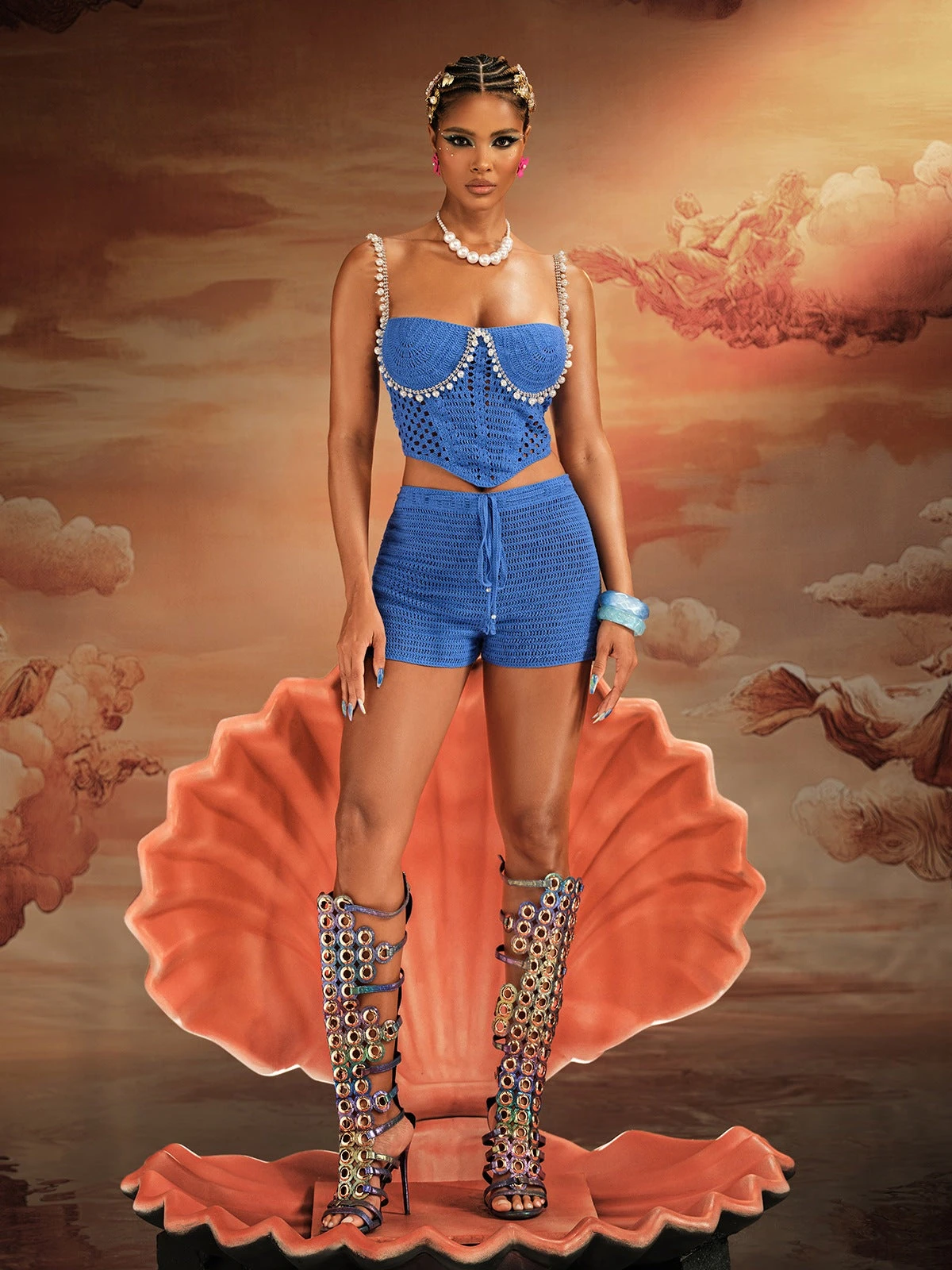 Wiebke Spaghetti Pearl Knit Shorts Set In Blue - Image 2