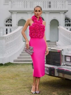 Wryssa Halterneck Flower Bandage Midi Dress In Hot Pink