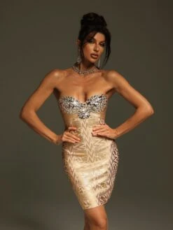 Yailin Rhinestone Printed Bandage Mini Dress