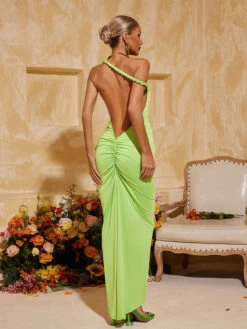Yasir Backless Ruched Maxi Dress In Green