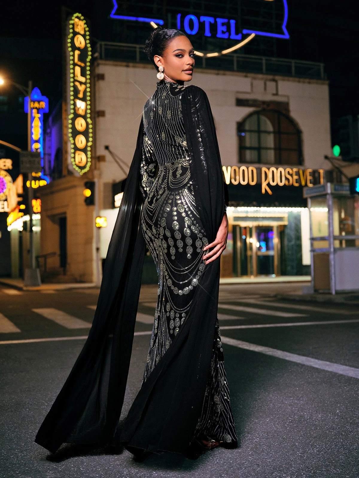 Yuriy Long Sleeve Sequin Cape Maxi Dress - Image 6