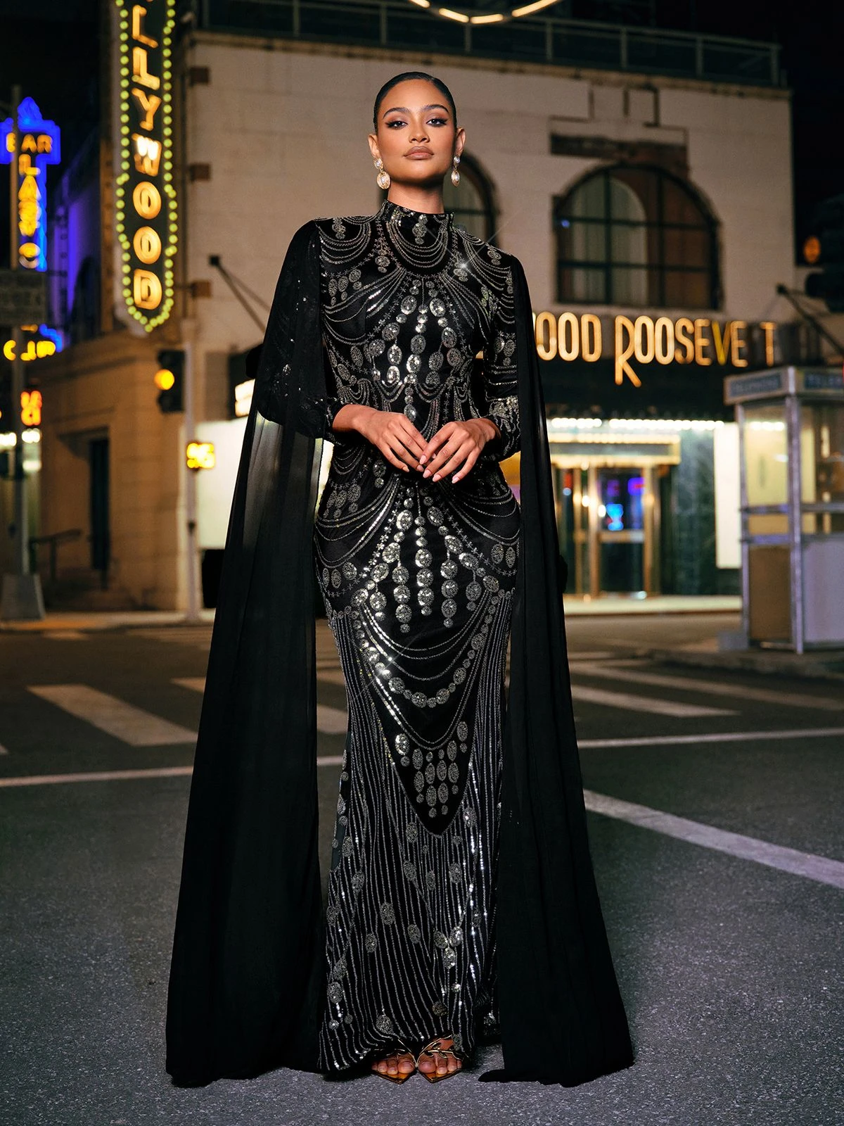Yuriy Long Sleeve Sequin Cape Maxi Dress - Image 4