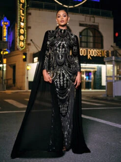 Yuriy Long Sleeve Sequin Cape Maxi Dress