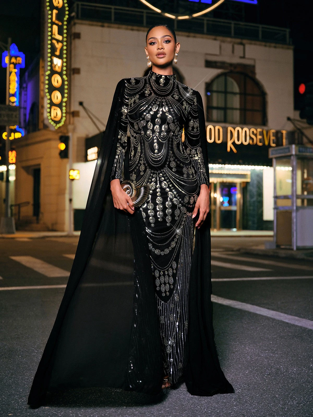 Yuriy Long Sleeve Sequin Cape Maxi Dress