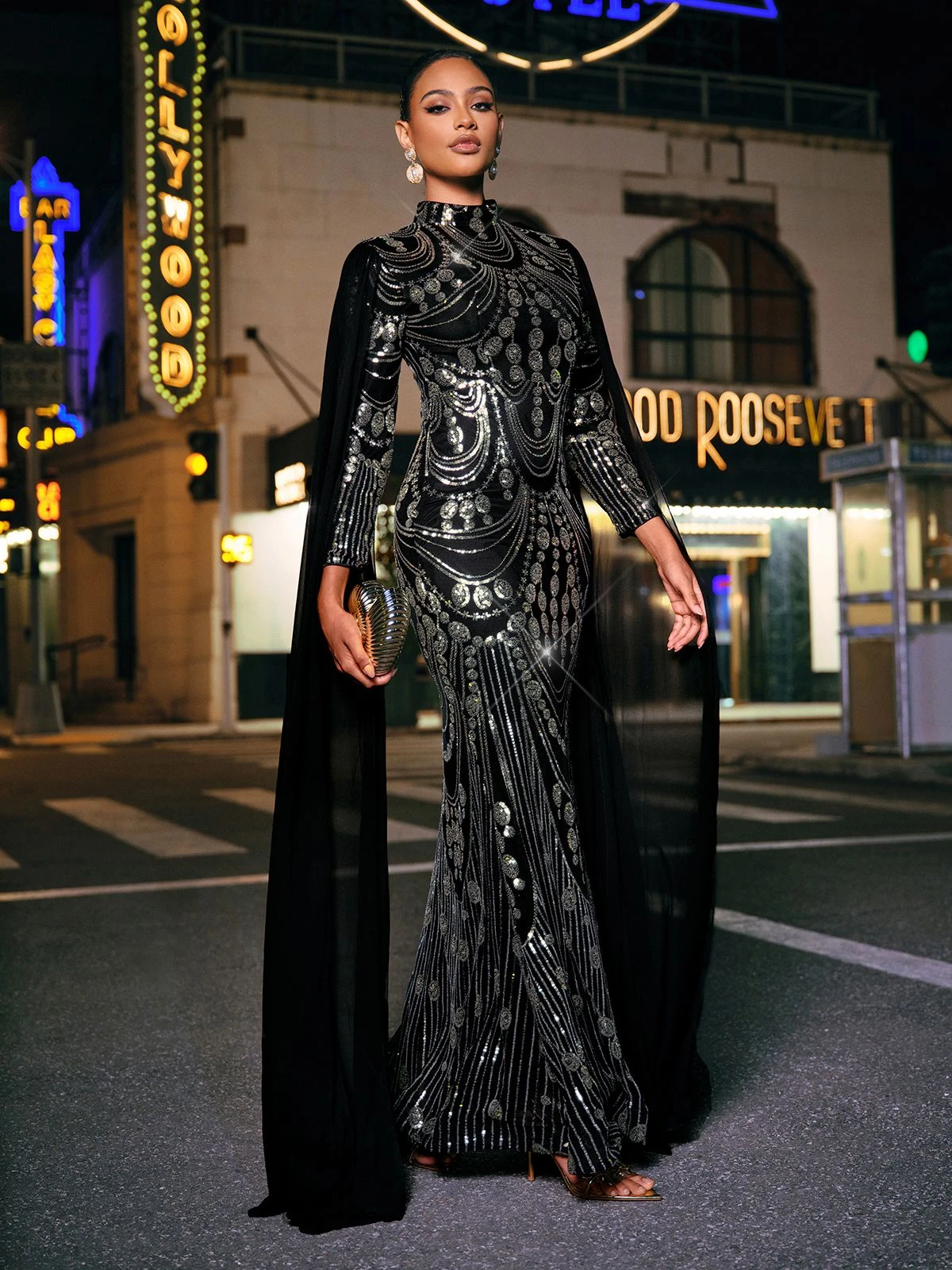 Yuriy Long Sleeve Sequin Cape Maxi Dress - Image 3