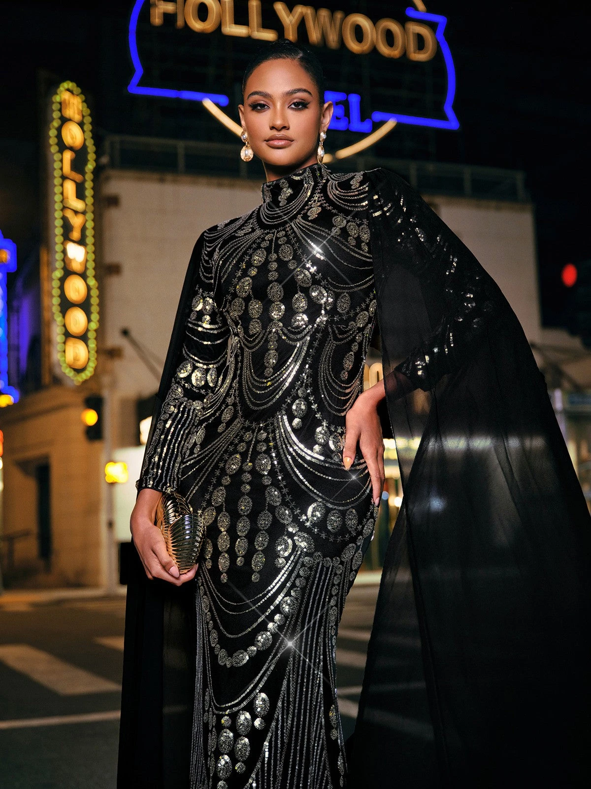 Yuriy Long Sleeve Sequin Cape Maxi Dress - Image 2